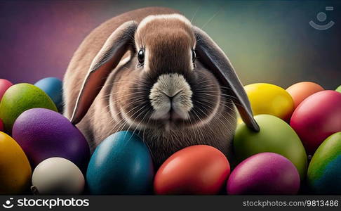 A cute small rabbit with many colourful easter eggs around. Generative AI