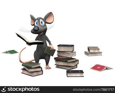 A cute smiling cartoon mouse holding a book in his hand. Several piles of books are on the floor &#xA;around him. White background.