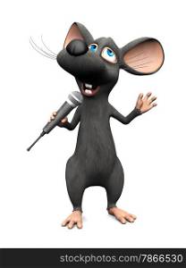 A cute smiling cartoon mouse holding a microphone in his hand and singing. White background.