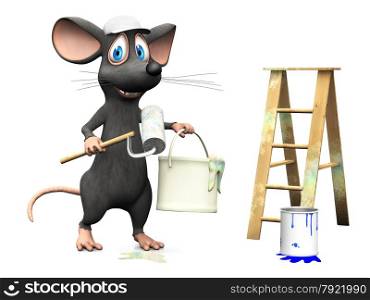 A cute smiling cartoon mouse holding a paint can and a roller, ready to paint. White background.
