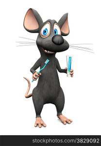 A cute smiling cartoon mouse holding a toothbrush in one hand and toothpaste in the &#xA;other, ready to brush his teeth. White background.