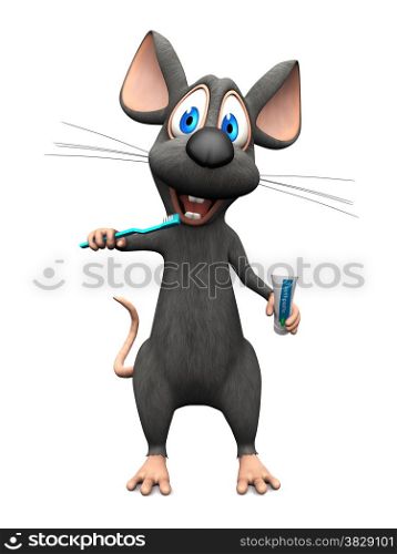A cute smiling cartoon mouse holding a toothbrush in one hand and toothpaste in the other, ready to brush his teeth. White background.