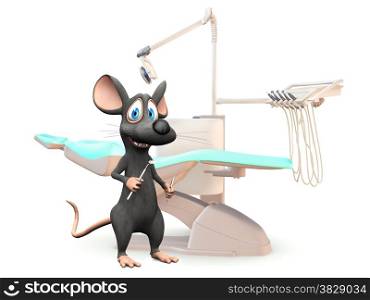 A cute smiling cartoon mouse holding dentist tools in his hands, ready to do a dental exam. White background.