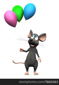 A cute smiling cartoon mouse holding three colorful balloons in his hand. White background.