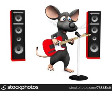 A cute smiling cartoon mouse singing in microphone and playing on an electric guitar. There are two big red speakers in the back. White background.