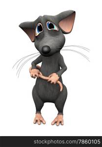 A cute upset cartoon mouse with very big sad eyes, holding his own tail. White background.