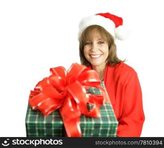 A cute woman with a Christmas gift for you. Isolated on white.