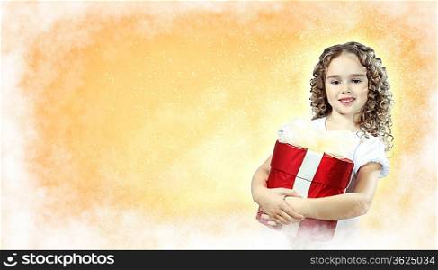A cute young girl holding a christmas gift, dark background with christmas light bokeh