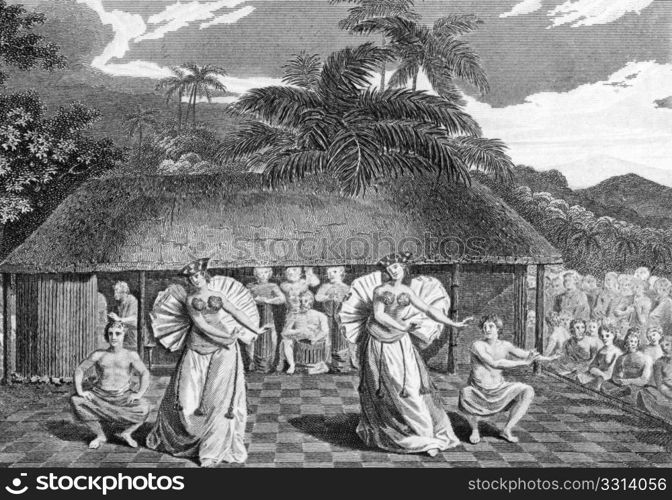 A Dance in Tahiti on engraving from 1793. Engraved by Heath after a picture by Webber and published in The Geographical Magazine.