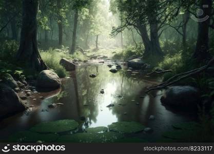 A dark forest with floating water created with generative AI technology