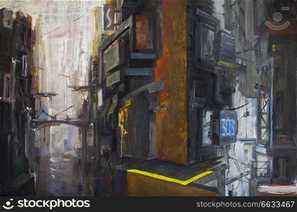 A dark futuristic cityscape with a river below and an industrial structures. There are a lot of wires, pipes and concrete around. An oil painting on canvas.