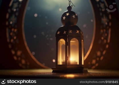 A decorative Ramadan Kareem Lantern with a candle inside illuminates a desert background, adding a traditional ambiance for Muslim religious rituals. Ai Generative