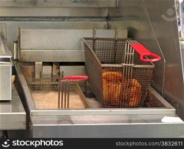 A deep fryer in a commercial kitchen
