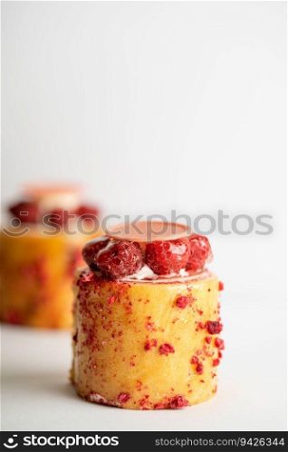 A delicious dessert of raspberry pudding topped with luscious cream and a sweet drizzle. The raspberry pudding is topped with cream and drizzle