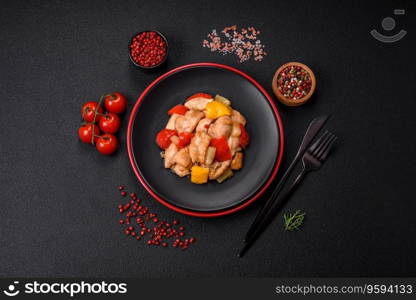 A delicious dish consisting of slices of chicken, sweet peppers and onions with salt and spices on a dark concrete background