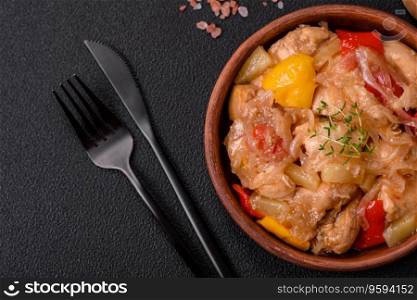 A delicious dish consisting of slices of chicken, sweet peppers and onions with salt and spices on a dark concrete background