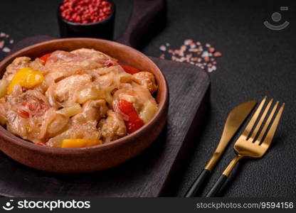 A delicious dish consisting of slices of chicken, sweet peppers and onions with salt and spices on a dark concrete background