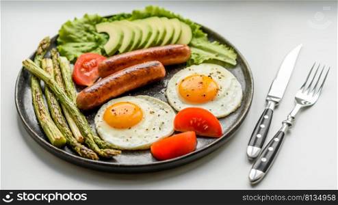 A delicious nourishing breakfast with fried eggs, sausages, asparagus, tomatoes, avocado, spices and herbs. Proper nutrition for an energetic start to the day. A delicious nourishing breakfast with fried eggs, sausages, asparagus, tomatoes, avocado, spices and herbs