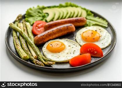 A delicious nourishing breakfast with fried eggs, sausages, asparagus, tomatoes, avocado, spices and herbs. Proper nutrition for an energetic start to the day. A delicious nourishing breakfast with fried eggs, sausages, asparagus, tomatoes, avocado, spices and herbs