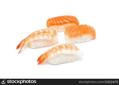 A delicious piece of prawn and salmon nigiri isolated on white