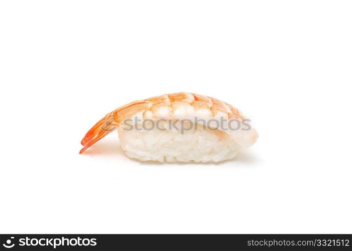 A delicious piece of prawn nigiri isolated on white