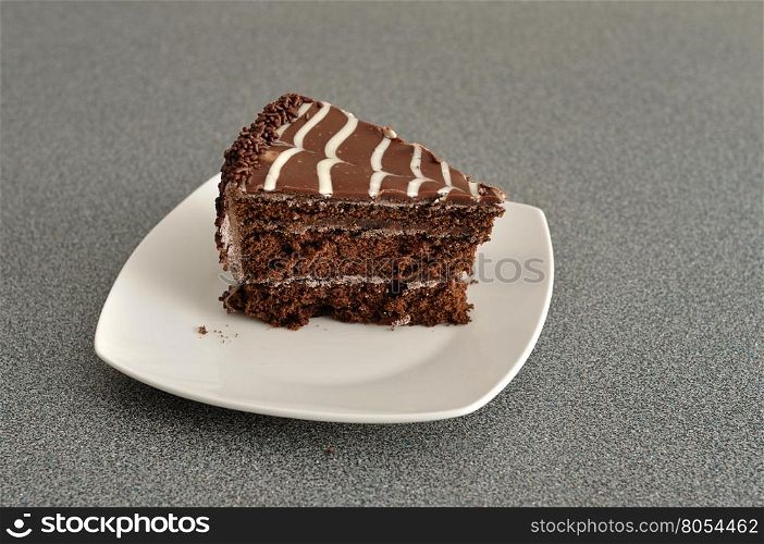 A delicious slice of chocolate cake in a white plate