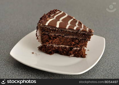 A delicious slice of chocolate cake in a white plate