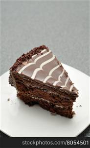 A delicious slice of chocolate cake in a white plate