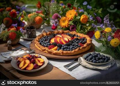 A delicious, summer fruit tart , showcasing an assortment of ripe, juicy fruits, such as peaches, plums, and berries, on outdoor picnic table with a colorful tablecloth and flowers. Generative AI.