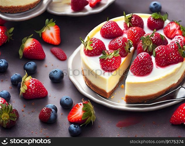 A Deliciously Fruity Dessert  Berrylicious Cheesecake. Generative AI.