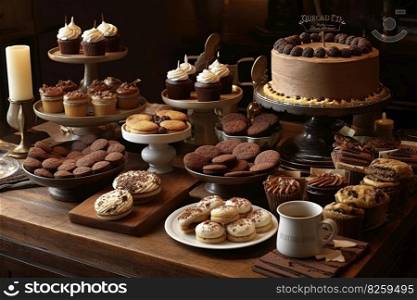 A delightful, coffee-themed dessert table, showcasing an array of coffee-infused treats, such as espresso brownies, cappuccino cupcakes, and coffee-flavored ice cream. Generative AI