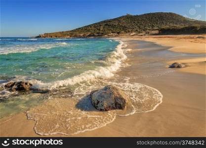 A deserted Bodri beach near Ile Rousse in the Balagne region of northern Corsica
