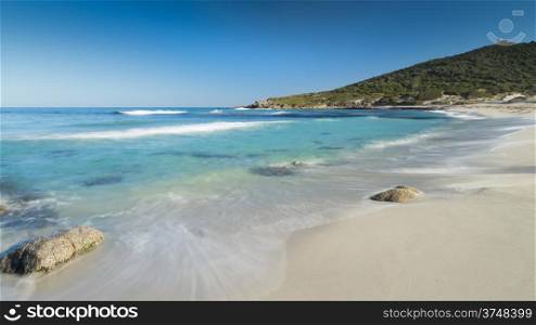 A deserted Bodri beach near Ile Rousse in the Balagne region of northern Corsica