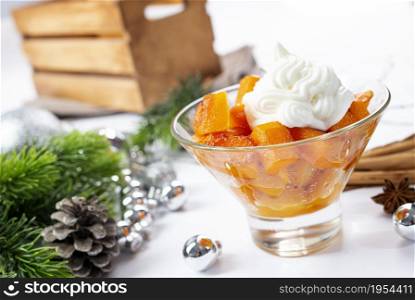 a dessert prepared with boiled pumpkin, walnuts, and sugar