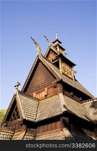 A detail image of a stave church in Norway