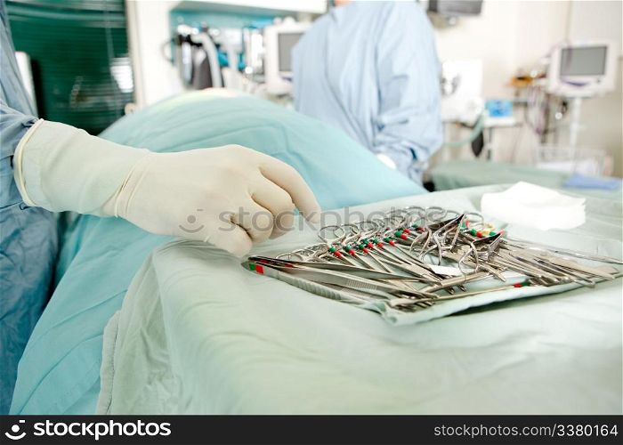 A detail image of sterile surgery instruments in an operation room