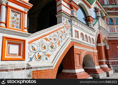 A detail of the colored walls of the Saint Basil's Cathedral in Moscow, Russia