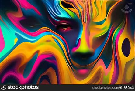 A detailed shot of a vibrant liquid painting with a man’s face. Generative AI.