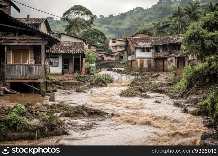 A devastating landslide triggered by El Nino hits remote mountain villages, causing severe damage to homes and infrastructure. Generative AI. . El Nino-Related Landslide Devastates Mountain Villages. Generative AI