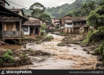 A devastating landslide triggered by El Nino hits remote mountain villages, causing severe damage to homes and infrastructure. Generative AI. . El Nino-Related Landslide Devastates Mountain Villages. Generative AI