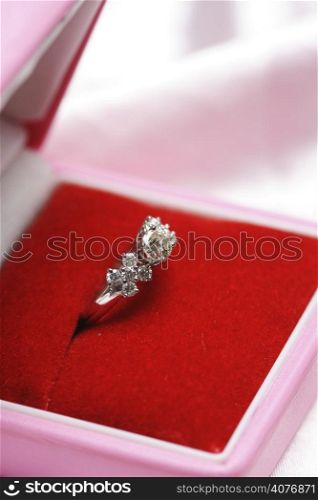 A diamond ring in a jewelry box