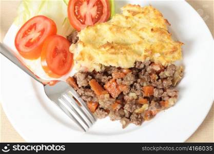 A dinner of shepherds pie or cottage pie and a salad seen from a high angle