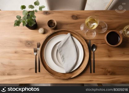 A dinner table made of rustic oak wood created with generative AI technology