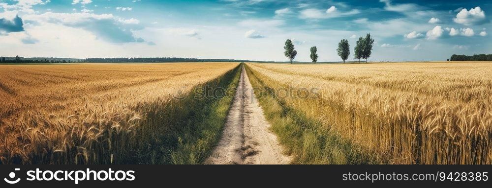 A dirt road through a field with wheat, trees and a blue sky. Long agricultural banner with a yellow field and blue sky.. A dirt road through a field with wheat, trees and a blue sky. Long agricultural banner with a yellow field and blue sky