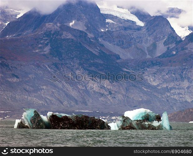 A dirty green iceburg floats in Kenai Fjords
