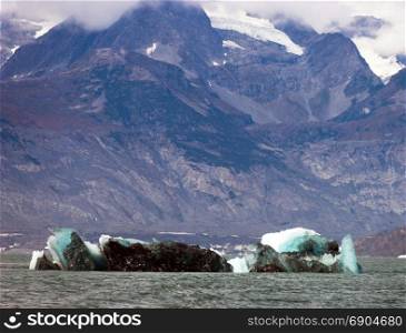 A dirty green iceburg floats in Kenai Fjords