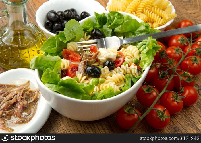 a dish with pasta salad
