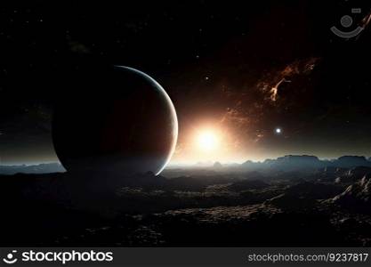 a distant exoplanet, with a view of its star in the sky, against the vast blackness of space, created with generative ai. a distant exoplanet, with a view of its star in the sky, against the vast blackness of space