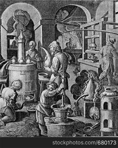 A distillery in the sixteenth century, vintage engraved illustration. From the Universe and Humanity, 1910.