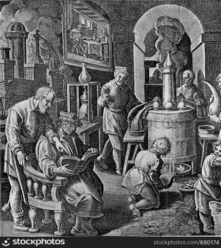 A distillery in the sixteenth century, vintage engraved illustration. From the Universe and Humanity, 1910.